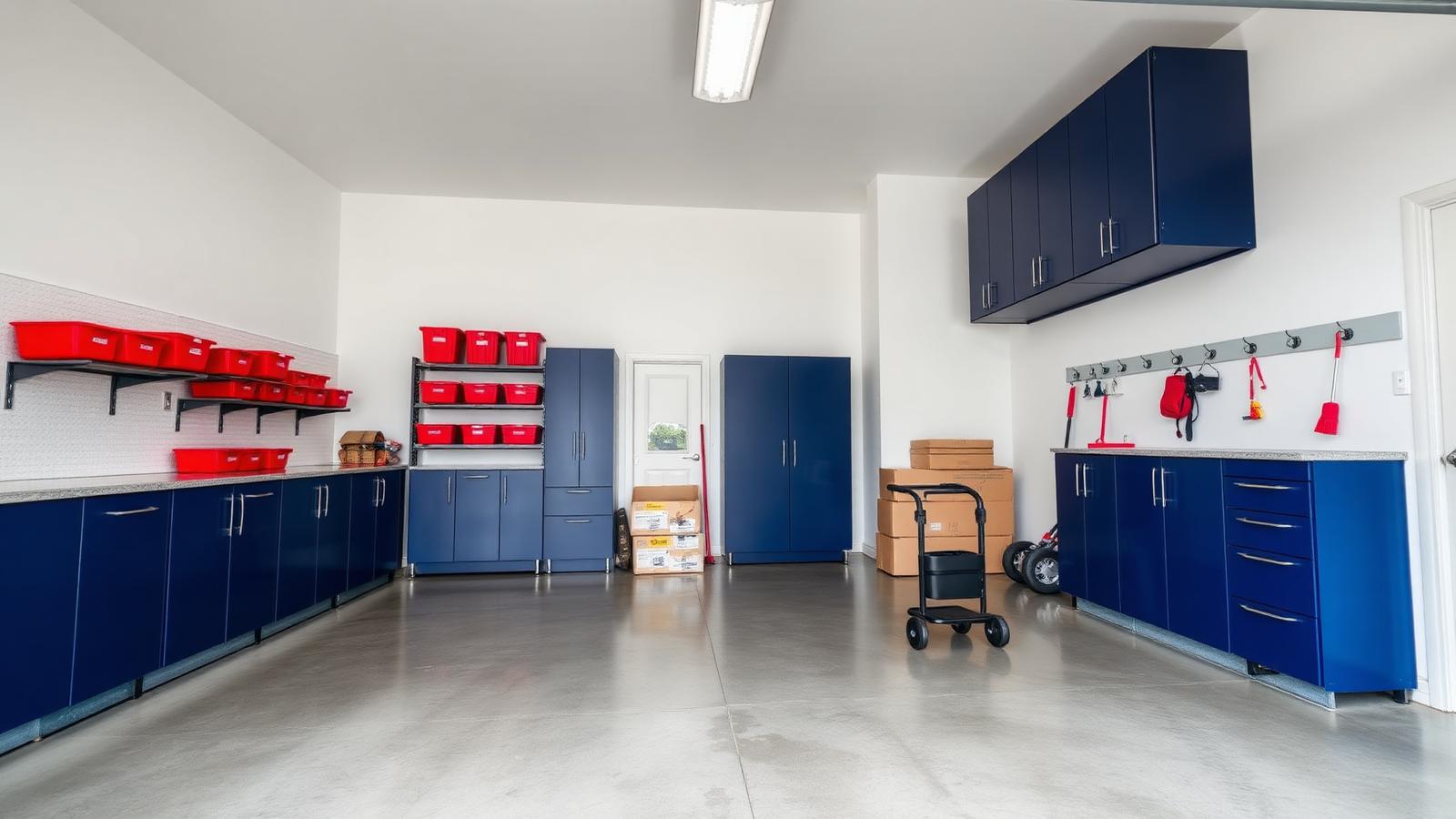 A clean, organized residential garage with navy storage cabinets and red bins